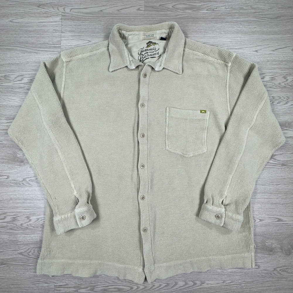 Tommy Bahama Mens Shirt Relax Waffle Knit Button Up Beige XXL Long Sleeve Pocket